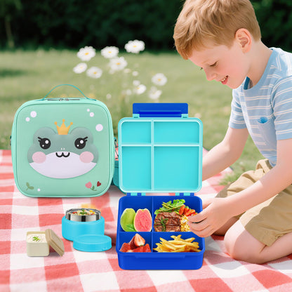 Bento Lunch Box Kids with 9oz Soup Thermo, Kids Leakproof Lunch Food Containers with 4 Compartment, Insulated Lunch Bag for Girls Boys to School Travel