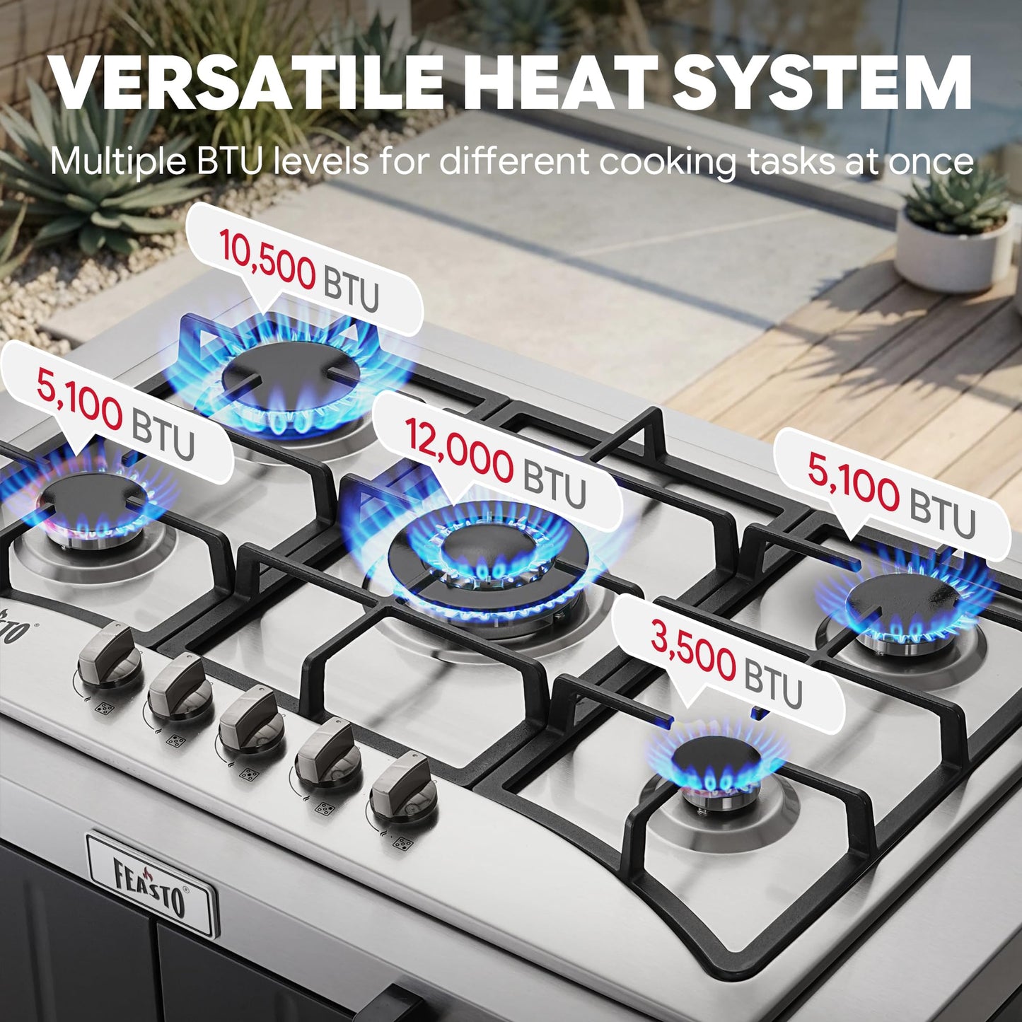 Feasto Gas Grill, Movable Outdoor Gas Stove Stainless Steel Top with Cabinet, 5 Burners with 36,200 BTUs, Outdoor Propane Grill for Outdoor Cooking, Ideal for Lawn & Garden, L35.4 x W24