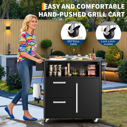 Heavy Duty Outdoor Grill Cart with Stainless Steel Prep Table, Lockable Wheels, Spacious Storage Cabinet, and Island Table Design for Patio or Kitchen Use