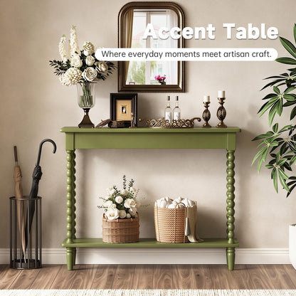 NKGIAG 45'' Vintage Console Table, 100% Solid Wood Tall Entryway Table with 2-Tier Storage for Entrance, Hallway, Foyer, Living Room, Narrow Couch Table Behind Sofa, Minimal Assembly, Green