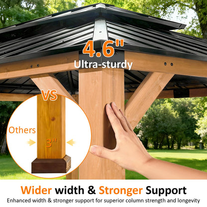 CHARMELEON 10x12 FT Cedar Wood Gazebo,Hardtop Wooden Gazebo with 4.6in Thickened Posts&High Load-Bearing Galvanized Steel Roof for Outdoor, Patio, Backyard-Natural