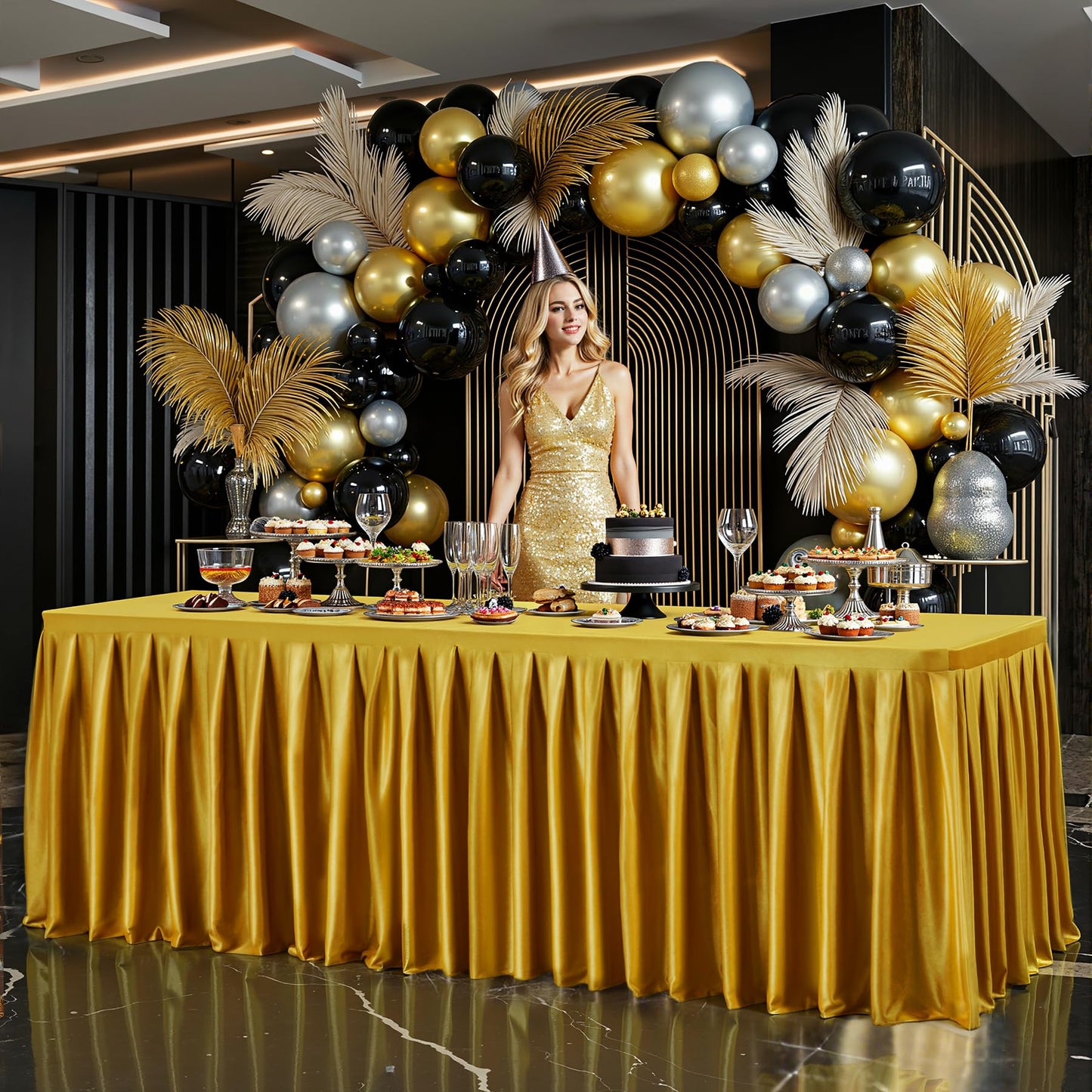 Dark Gold Satin Glitter Tablecloth for Rectangle Tables 6ft,Wrinkle Resistant Ruffles Shimmer Party Table Skirt,Washable 6FT Rectangle Table Cloth Skirt For Birthday,Baby Show,Party,Wedding,Banquet