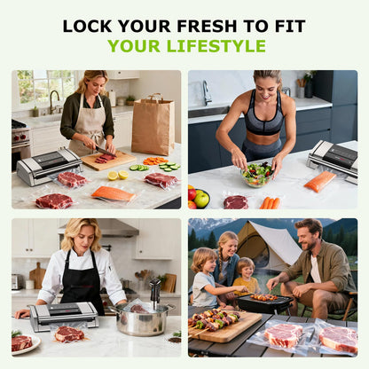 Bonsenkitchen Vacuum Sealer for Food, Easy-Lock Handle Vacuum Sealer Machine with Bag Clip, Built-in Cutter and Bag Storage for Sous Vide and Meal Prep, 1 Roll Bag & 10 Pre-Cut Bags, Silver