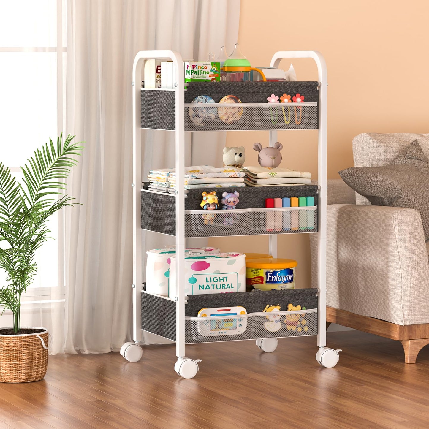 Baby Diaper Caddy Rolling Utility Cart, 3 Tier Baby Essentials Nursery Organizer and Storage with Dividers and Drawers for Crib, Bedroom, Art & Craft Organizer (White)
