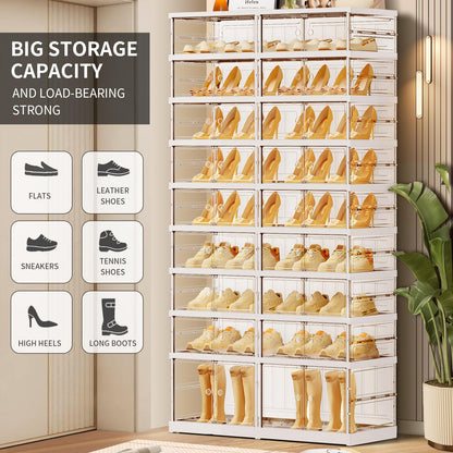 CIMLORD 9-Tier Foldable Shoe Rack for Closet Entryway 18-36Pairs,Stackable Clear Shoe Storage Boxes Organizer with Door Plastic Shoe Cabinet Bins with Lids Shoes Shelf Easy Assembly Large White