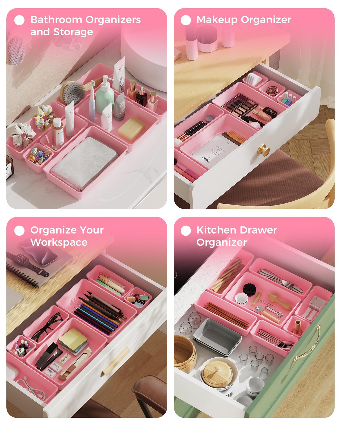 BiuLeon 25 PCS Plastic Drawer Organizers Set, 4-Sizes Vanity and Makeup Organizer, Desk and bathroom Drawer Organizer Trays, Organizers and Storage for Makeup, Jewelry, Gadgets, Utensils (Pink)