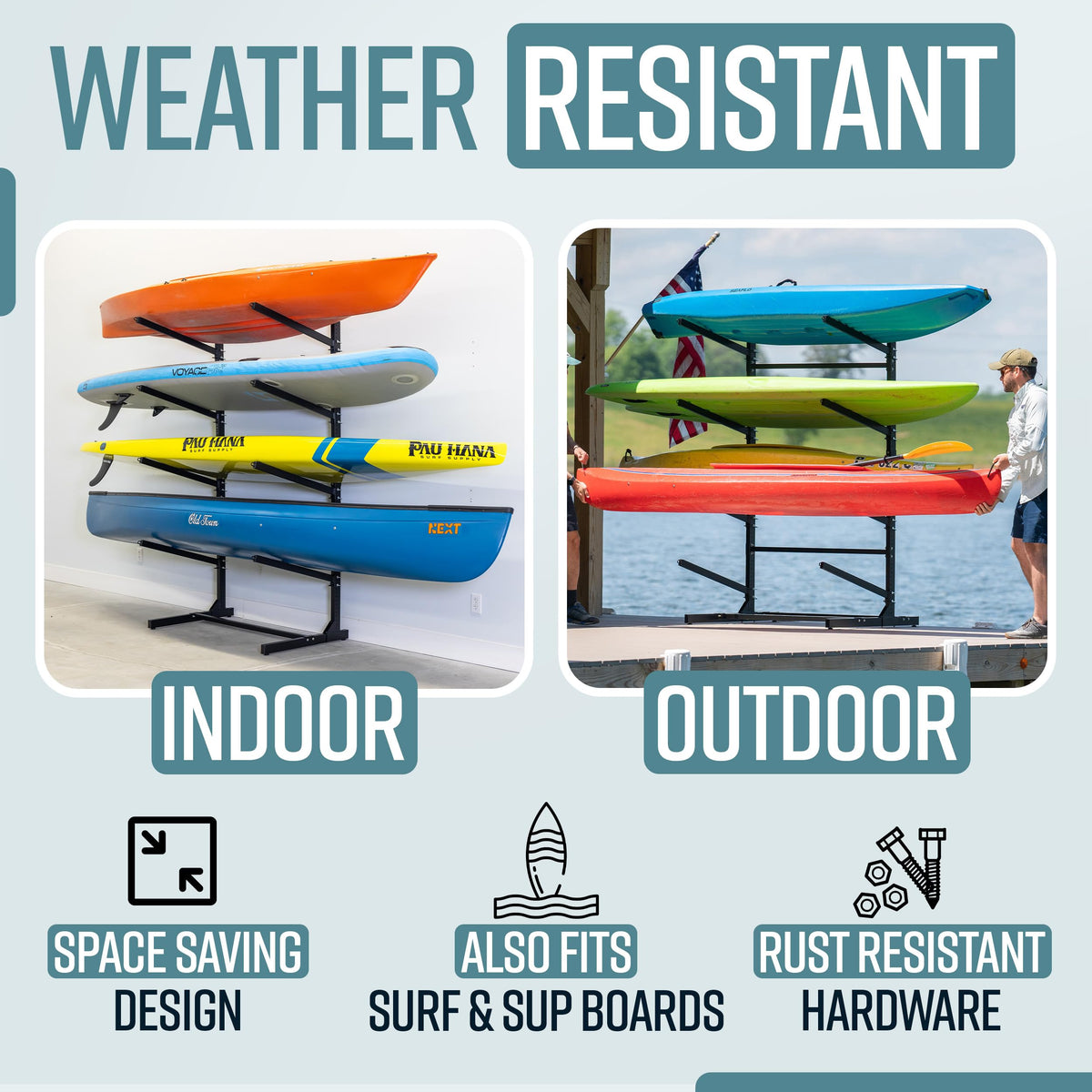 G-Watersport Pro Freestanding Kayak Storage Rack – 4 Kayak Rack & Canoe Rack – Marine Grade Outdoor Kayak – Adjustable Surfboard & Stand Up Paddle Board Holder – Adjustable Storage Stand