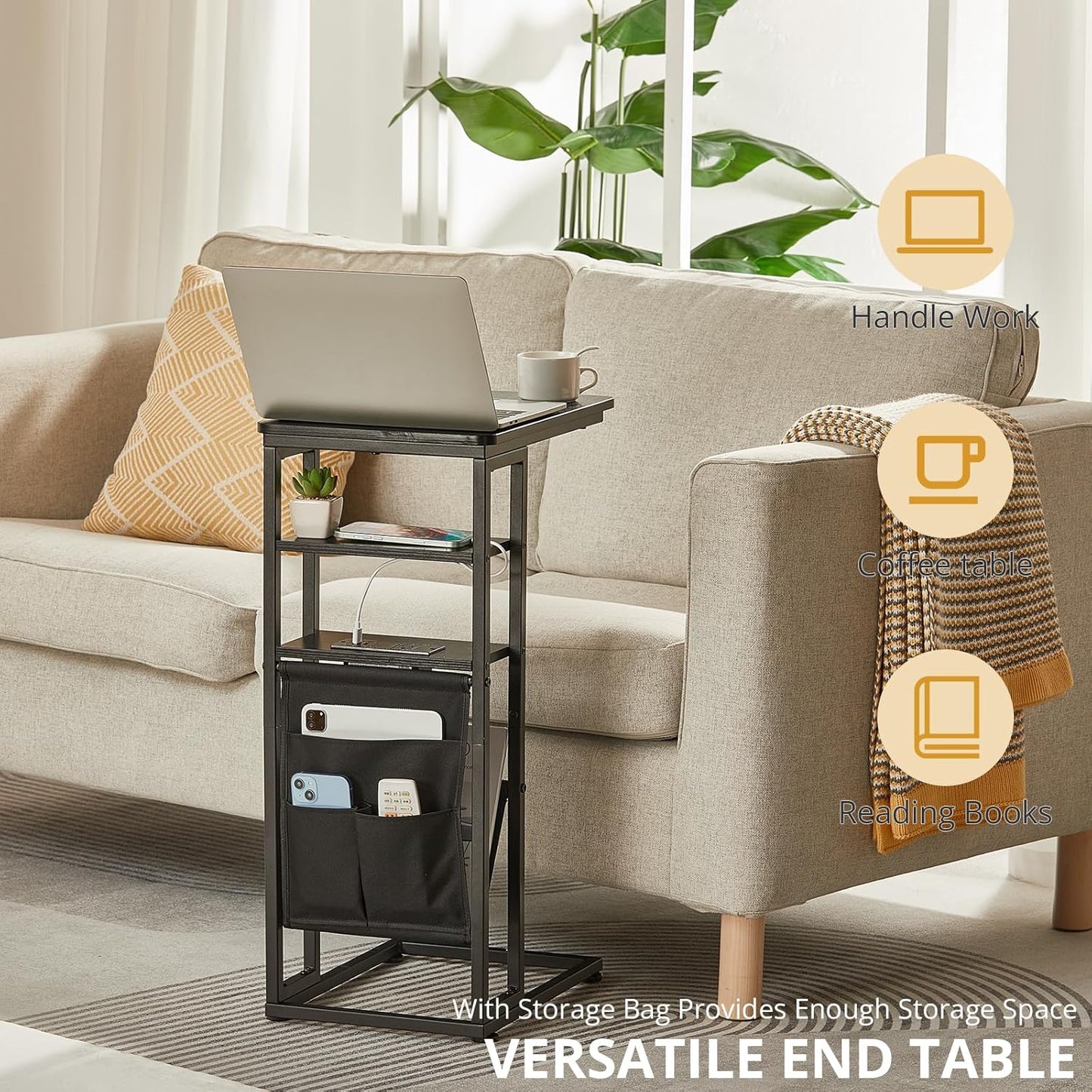 28"(H) 3-Tier C Shaped End Table with Charging Station, C Table with Storage Bag, Under Couch Table C-Shaped End Table