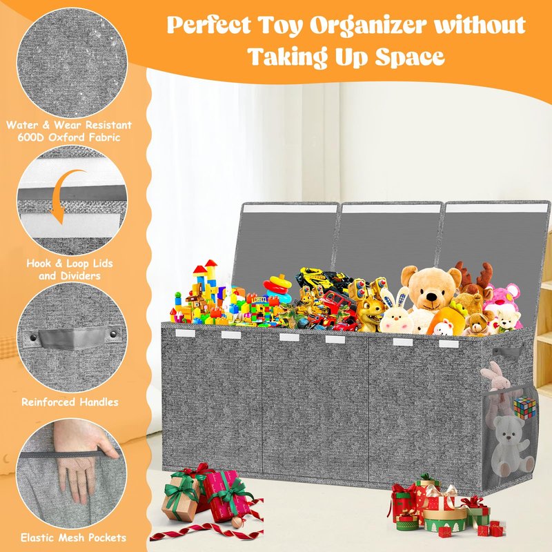 Beadsky Extra Large Toy Box, Toy Chest for Toddlers with Lids, Collapsible Toy Storage Organizer, Kids Bin Boxes Storage Basket for Boys, Girls, Nursery, Living Room, Playroom, 40"x14"x16", Gray