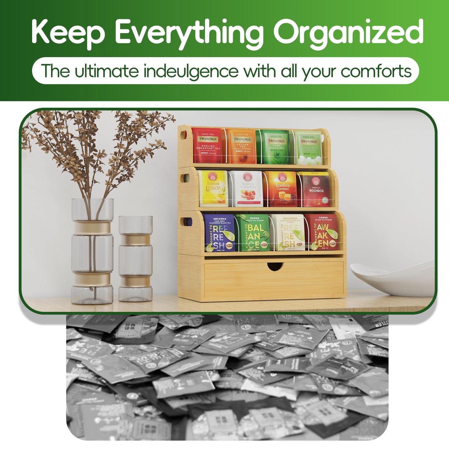 ARFETIGO Bamboo Tea Bag Organizer for Coffee Bar, 4 Tier Modular Tea Organizer with Drawer, Large Capacity Tea Storage Box, Stackable Tea Station Organizer, No Assembly, Kitchen Counter
