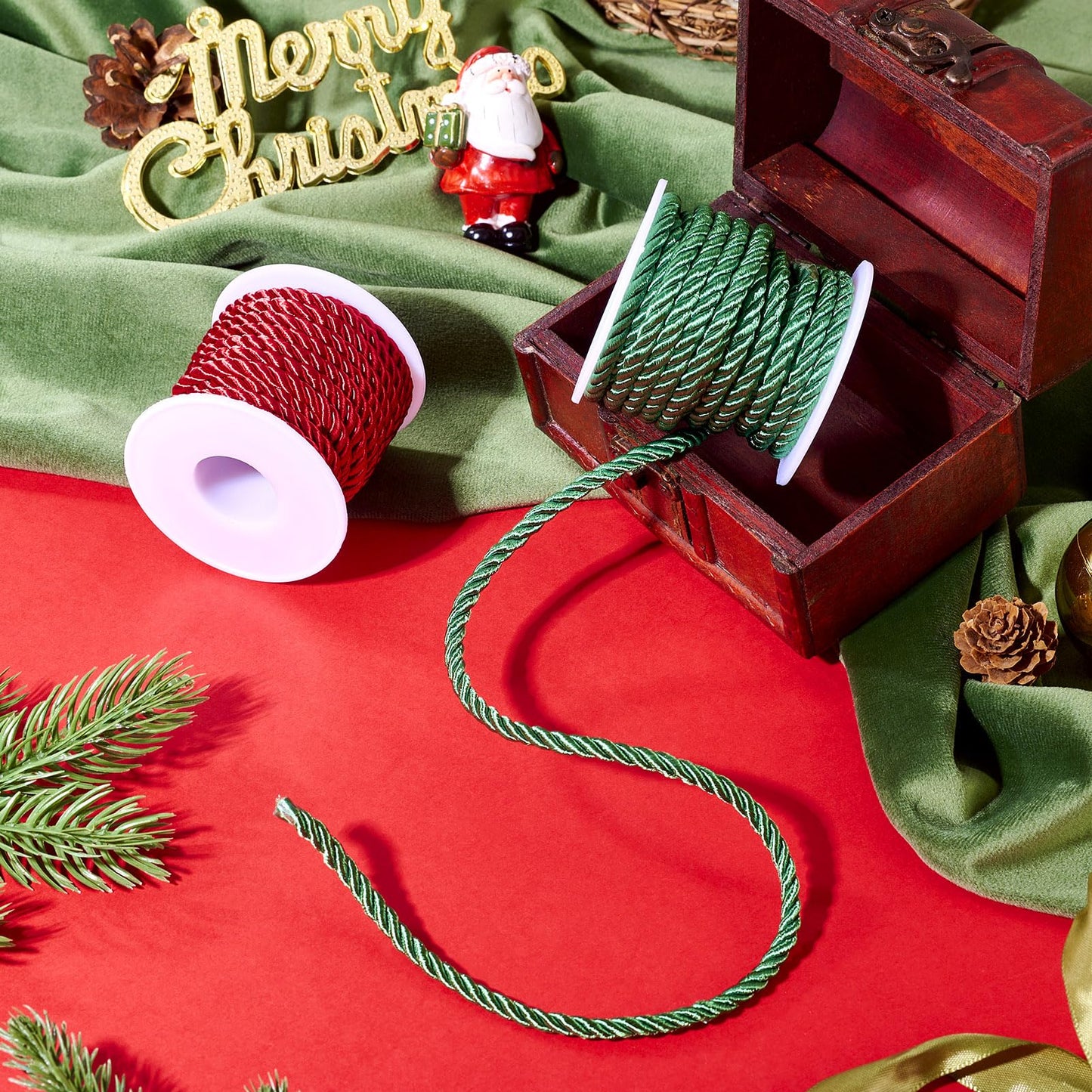 FASHEWELRY 8.74 Yards Christmas Twisted Cords 5mm Red Green Braided Silk Rope Cords Polyester Silk Cords for Macrame Bracelets Curtain Costumes Xmas Ornament, Crafts Making