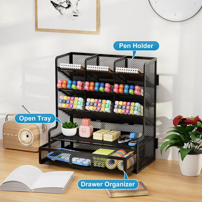 Marbrasse Larger Mesh Desk Organizer with Drawer, Multi-Functional Pen Pencil Holder, Easy Assembly, Desk Organizers and Accessories for Office Art Supplies (Black)