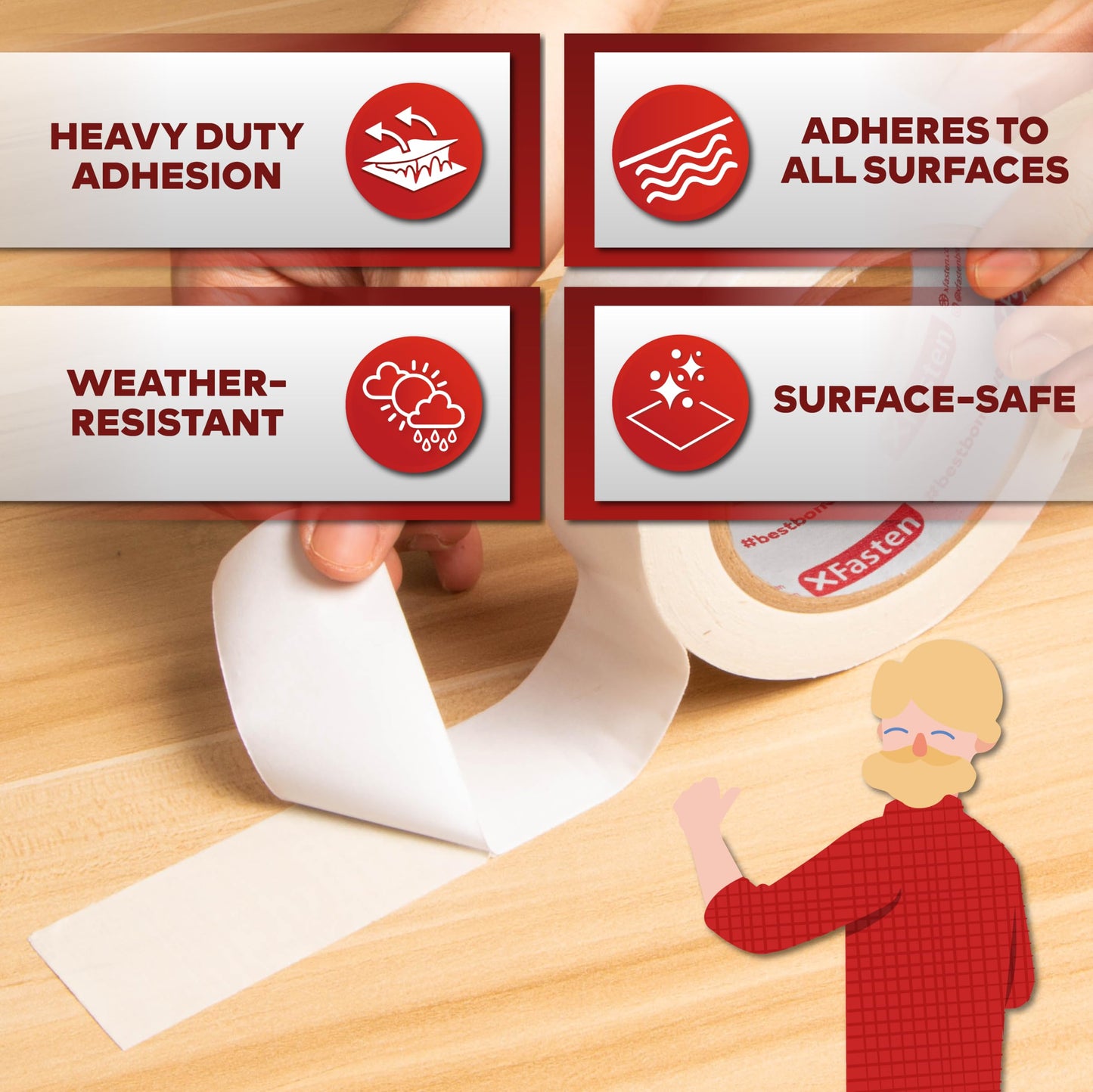 XFasten Double Sided Tape, White, Removable and Residue-Free, 2-Inch x 30 Yards, Surface Safe Two-Sided Sticky Adhesive Tape for Wall, Floor, Clothes, Rug, Fabric, Crafts and Scrapbooking