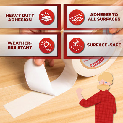 XFasten Double Sided Tape, White, Removable and Residue-Free, 2-Inch x 30 Yards, Surface Safe Two-Sided Sticky Adhesive Tape for Wall, Floor, Clothes, Rug, Fabric, Crafts and Scrapbooking