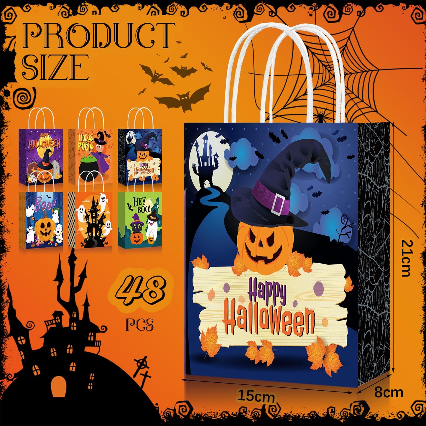 Yeaqee 48 Pcs Halloween Treat Bags Paper Gift Bags with Handles for Candy Snack Goodie Summer Halloween Party Favor Supplies(Cartoon)