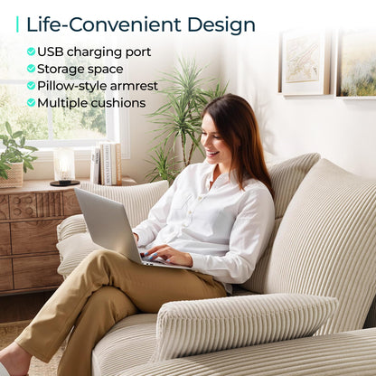 LINSY HOME Sectional Loveseat Sofa with Pull Out Chaise (Beige, 62.5'')