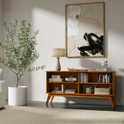 SIMPLIHOME Draper Bookcase - 30 inch Tall Solid Wood Low Bookshelf in Teak Brown, Mid-Century Modern Storage for Living Room, Study Room or Office with Tapered Legs and Wide Open Shelves