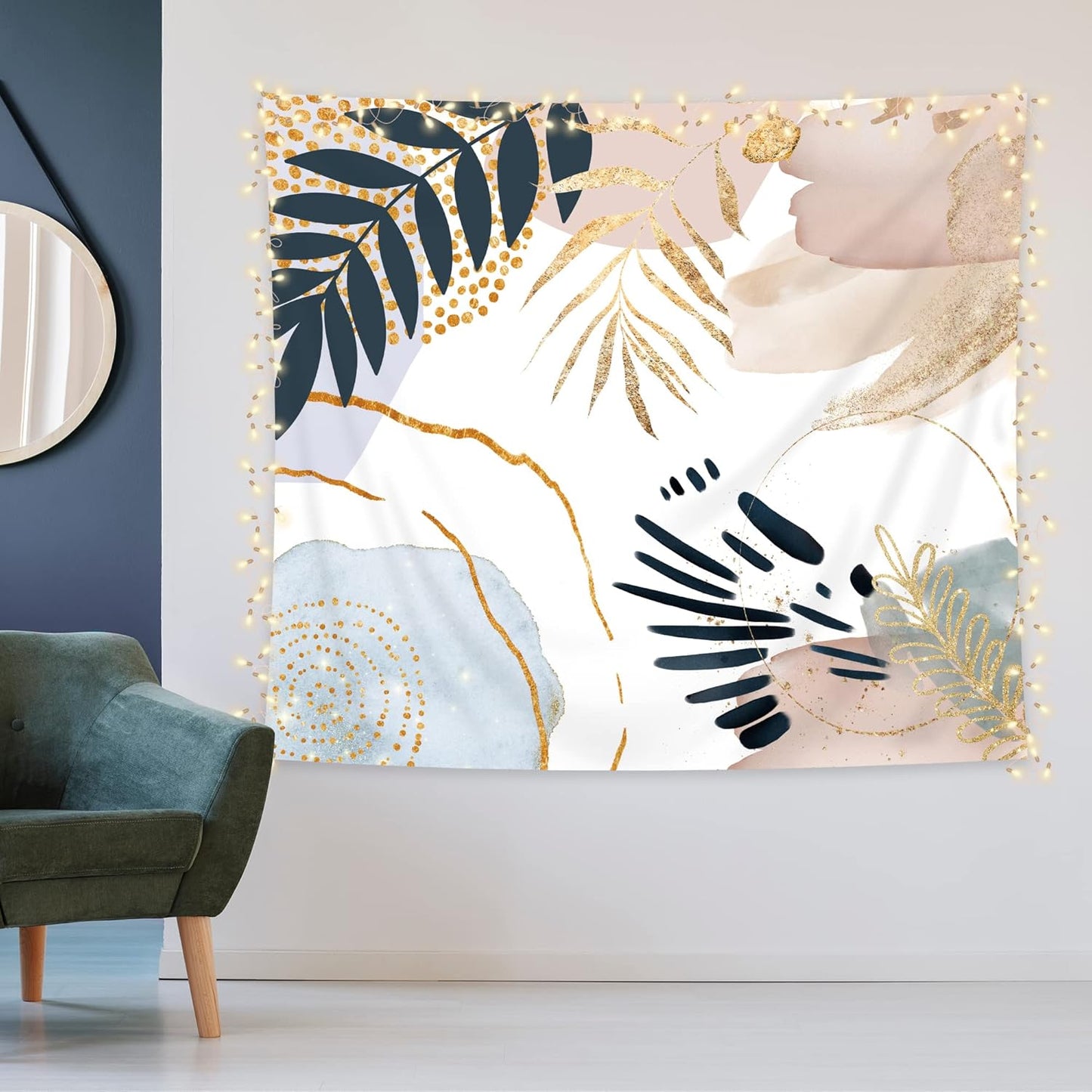 KOMLLEX Boho Abstract Tapestry 59Wx51H Mid Century Geometric Minimalist Wall Hanging Pink Blue Gold Leaves Decor