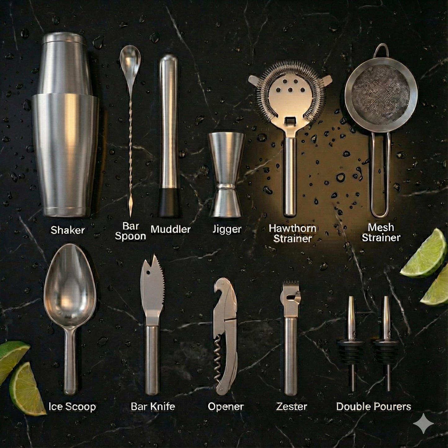 Highball & Chaser 13-Piece Boston Cocktail Shaker Set Stainless Steel Mixology Bartender Kit With Stand For Home Bar Cocktail Set | Laser Engraved Cocktail Tools | Plus E-Book with 30 Cocktail Recipes