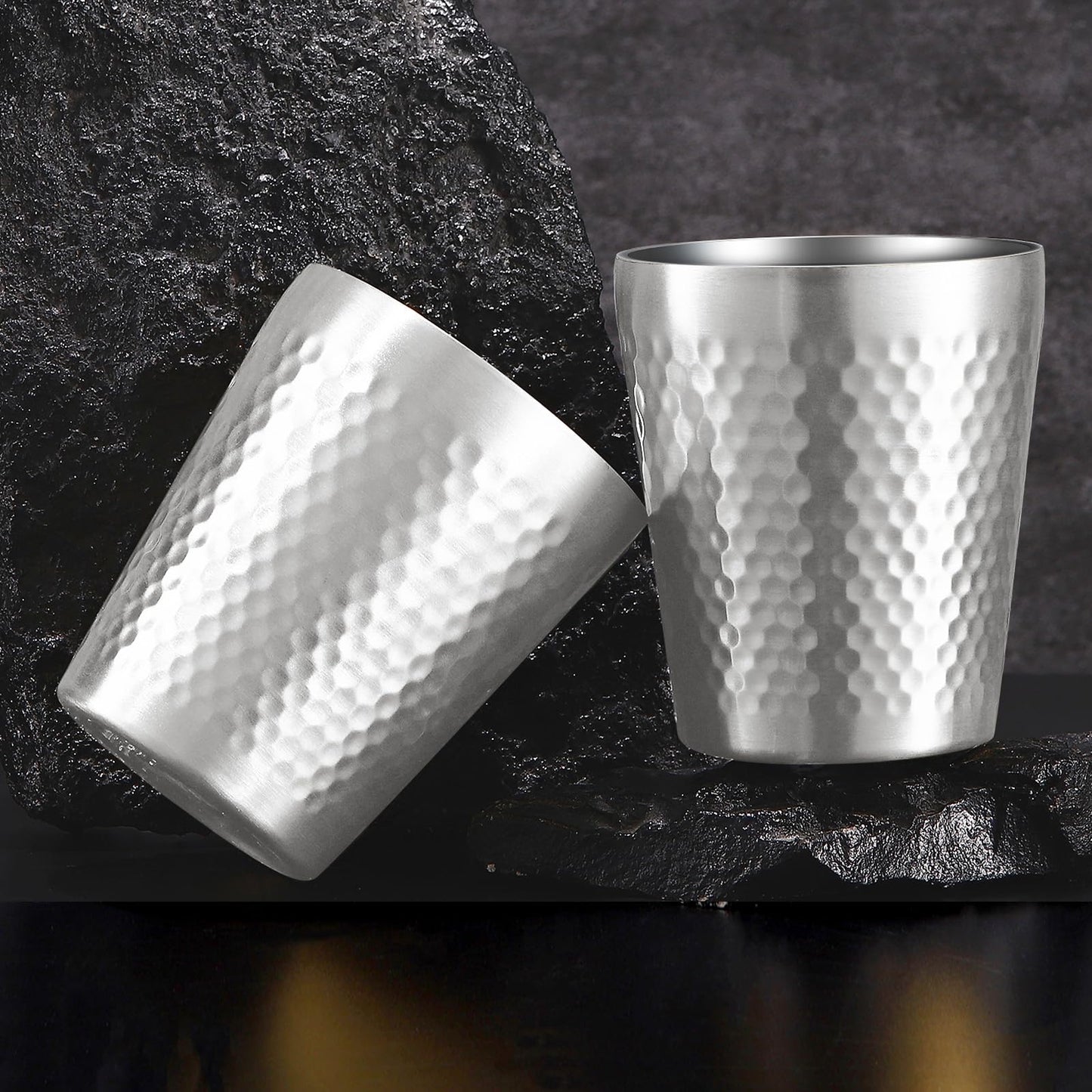 TIICOO Stainless Steel Cups 2 Packs 10oz/300ml Stackable Double Wall Insulated Metal Shatterproof Cups Titanium-Plated Diamond Textured Surface Heat Resistant Dishwasher Safe (Silver)