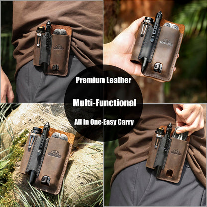 Topstache Leather Multitool Sheath with Belt Clip - Multitool Holster for Belt - EDC Belt Organizer Fits, Flashlight, Pen - Leather Pouch - Holder, Dark Brown