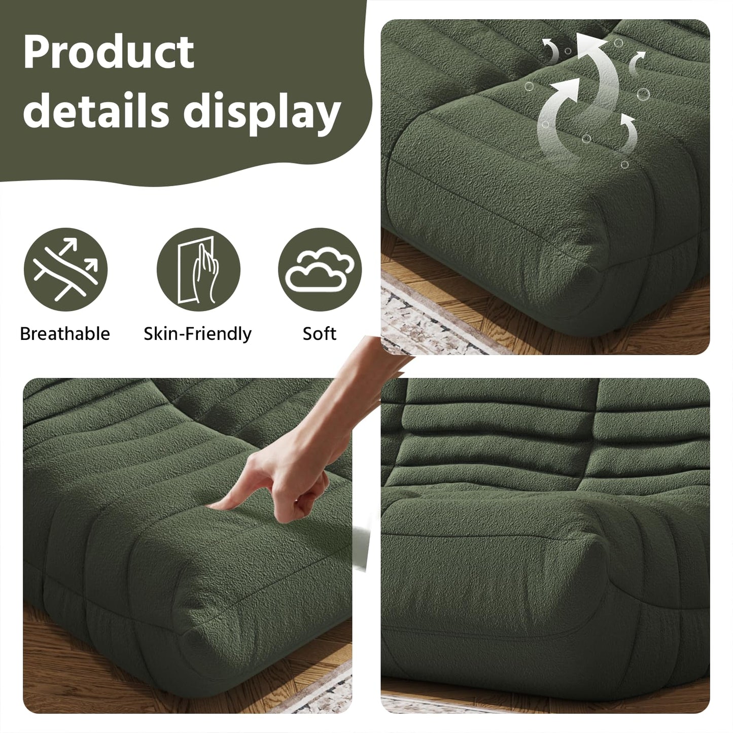 Comfy Memory Foam Loveseat Bean Bag Chair for Adults - Teddy Fleece Fireside Accent Chair for Reading, Lazy Floor Sofa Couch Boneless Chaise Lounge for Living Room Bedroom Home Theater, 2 Seater