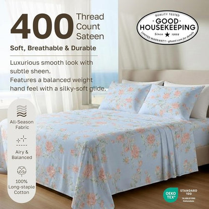 California Design Den Bed Sheets - Soft Cotton Cal King Set, 400 TC, Award-Winning Sateen Finish - Floral Blue/Pink