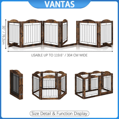 Vantas Folding No-Assembly Dog Door Pet Gate 144" Wide, 30" Tall Wooden Dog Gate with Door Walk Through, Freestanding Wire Pet Gate, Pet Puppy Safety Fence, with 2PCS Support - Rustic Brown
