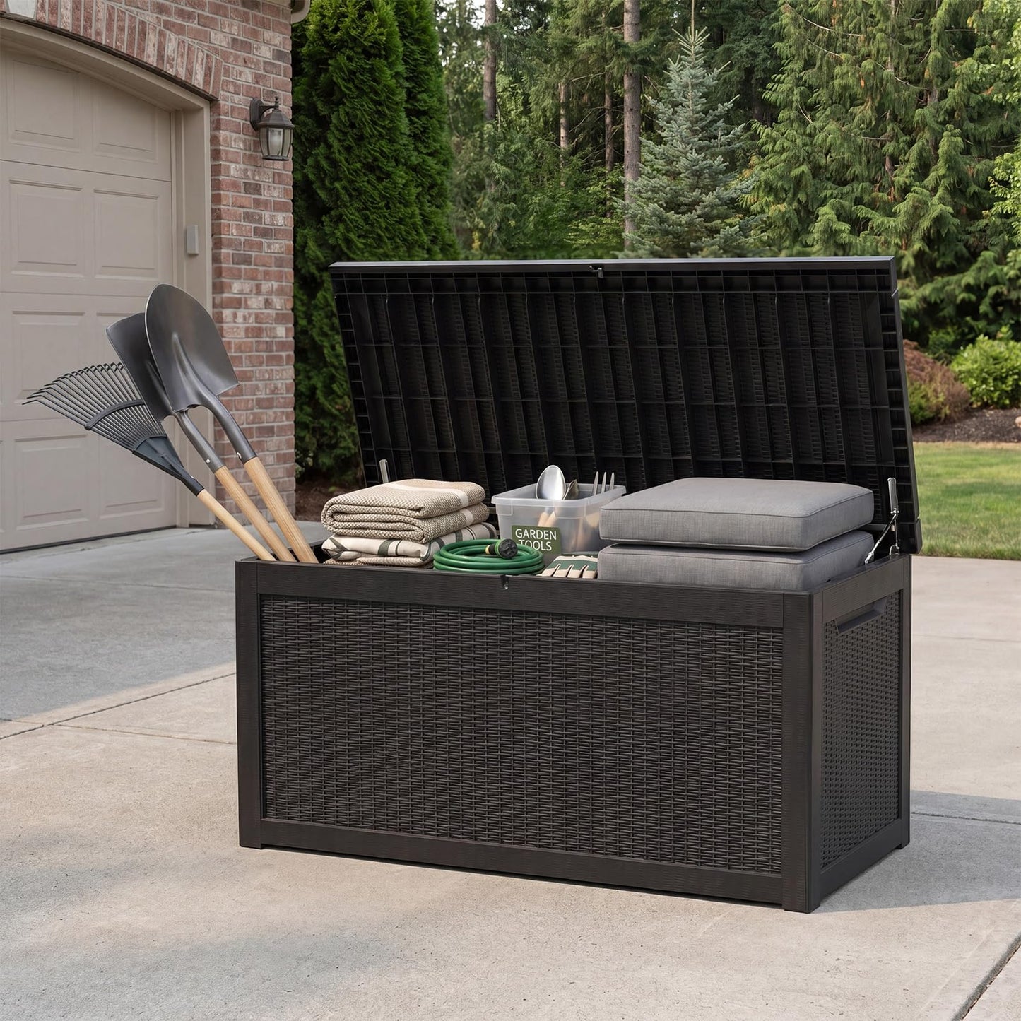 319 Gallon Extra Large Outdoor Storage Box, Waterproof Deck Box with Lockable Lid, Resin Outside Storage Box for Patio Furniture, Pool Accessories, Garden Tools, Storage Bench for Backyard,Porch,Black