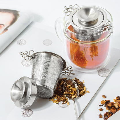 Premium Stainless Steel Tea Infuser Basket Gift Set - Gold Plated Loose Leaf Tea Steeper with Floral Engraved Lid, Stand & Fine Mesh Filter | Best Tea Strainer for Tea Lover
