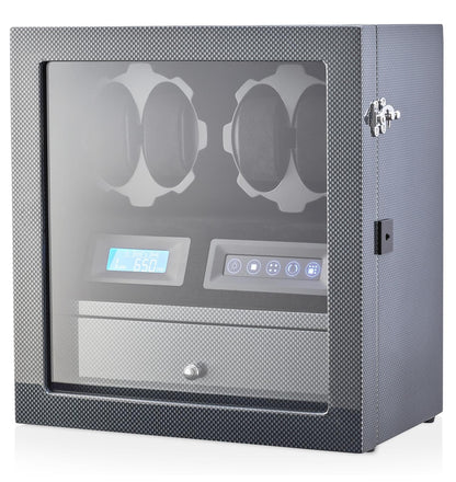 4 Watch Winder with 5 Watch Storage Space, LCD Display, Touch Control and Interior Light (Black + Black)