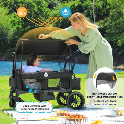 ELEMARA Stroller Wagon, 2 Seat Stroller for 2 Kids, Premium All Terrain Stroller for Kids w/Removable Canopy, Adjustable Push/Pull Handle, Large Storage Bag, Black