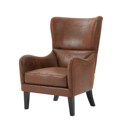 Christopher Knight Home Elber Mid-Century Modern Wingback Accent Chair, Faux Suede Upholstered Club Chair with Cushion, Wooden Living Room Lounge Chair for Reading, Relaxation, Brown