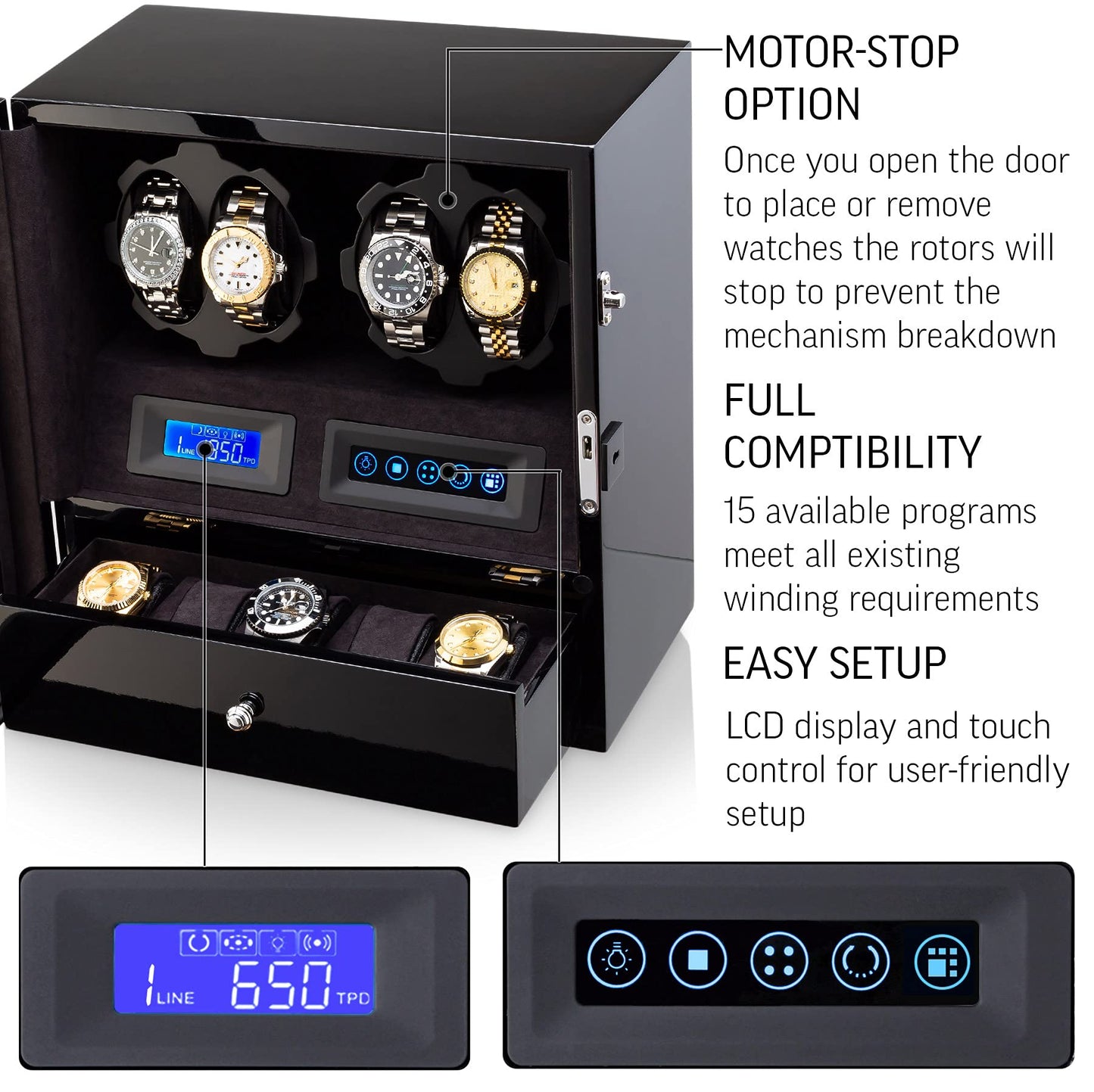 4 Watch Winder with 5 Watch Storage Space, LCD Display, Touch Control and Interior Light (Black + Black Velvet)