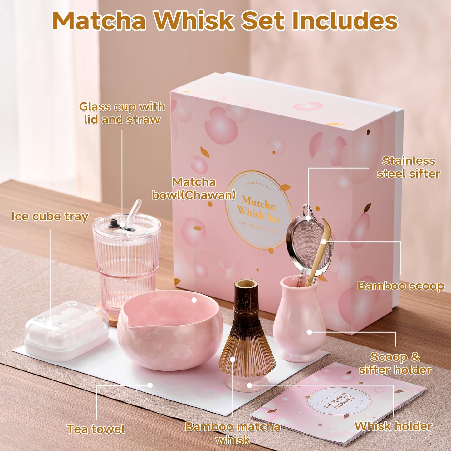 ComboJoy Matcha Whisk Set – Crystalline Glaze Bowl, Bamboo Whisk & Holder, Scoop & Sifter with Holder, Cup with Lid & Straw, Ice Cube Tray & Tea Towel – Pink Matcha Gift Set for Women, Women Gifts