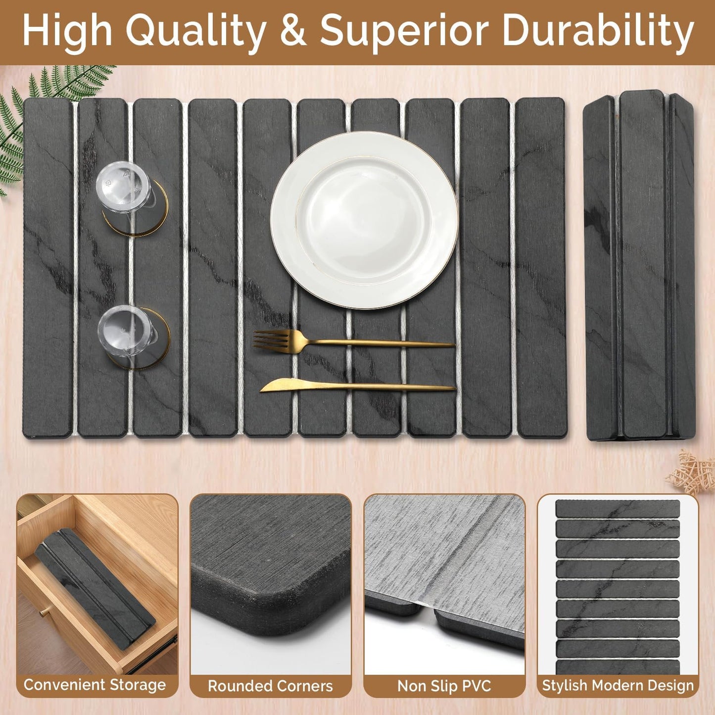 Large Stone Dish Drying Mat for Kitchen Counter, Quick Dry Stone Dishes Mats,Foldable Water Absorbing Diatomaceous Earth Drying Organizer Pad for Plate Rack Bottles Utensils(Dark Gray 24"×16" & 8"x4")
