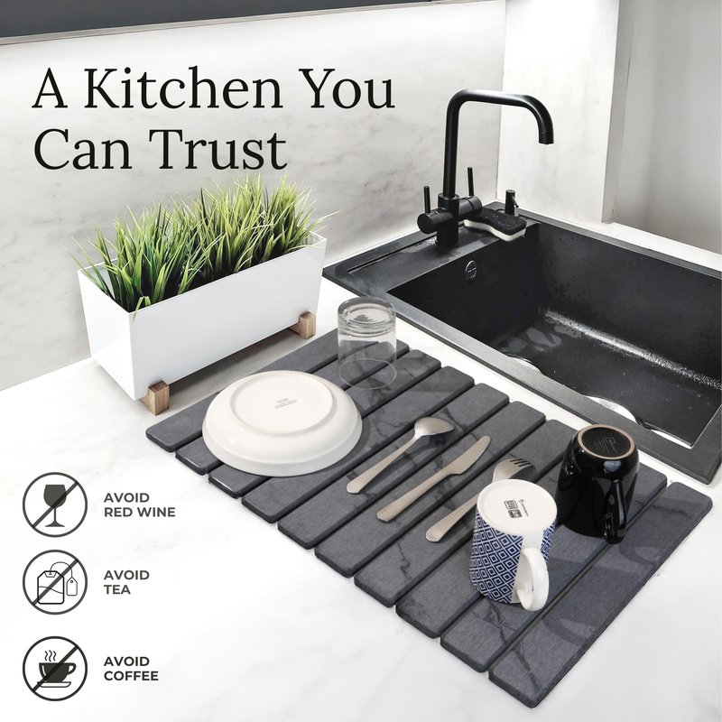 Large Stone Dish Drying Mat for Kitchen Counter 23.5”x 15.25” – Elegant Marbled-Inspired Surface Quick-Dry Absorbent Diatomaceous Earth - Multi-Use & Kitchen Mat for Dishes & Bottle Cups (Dark Gray)