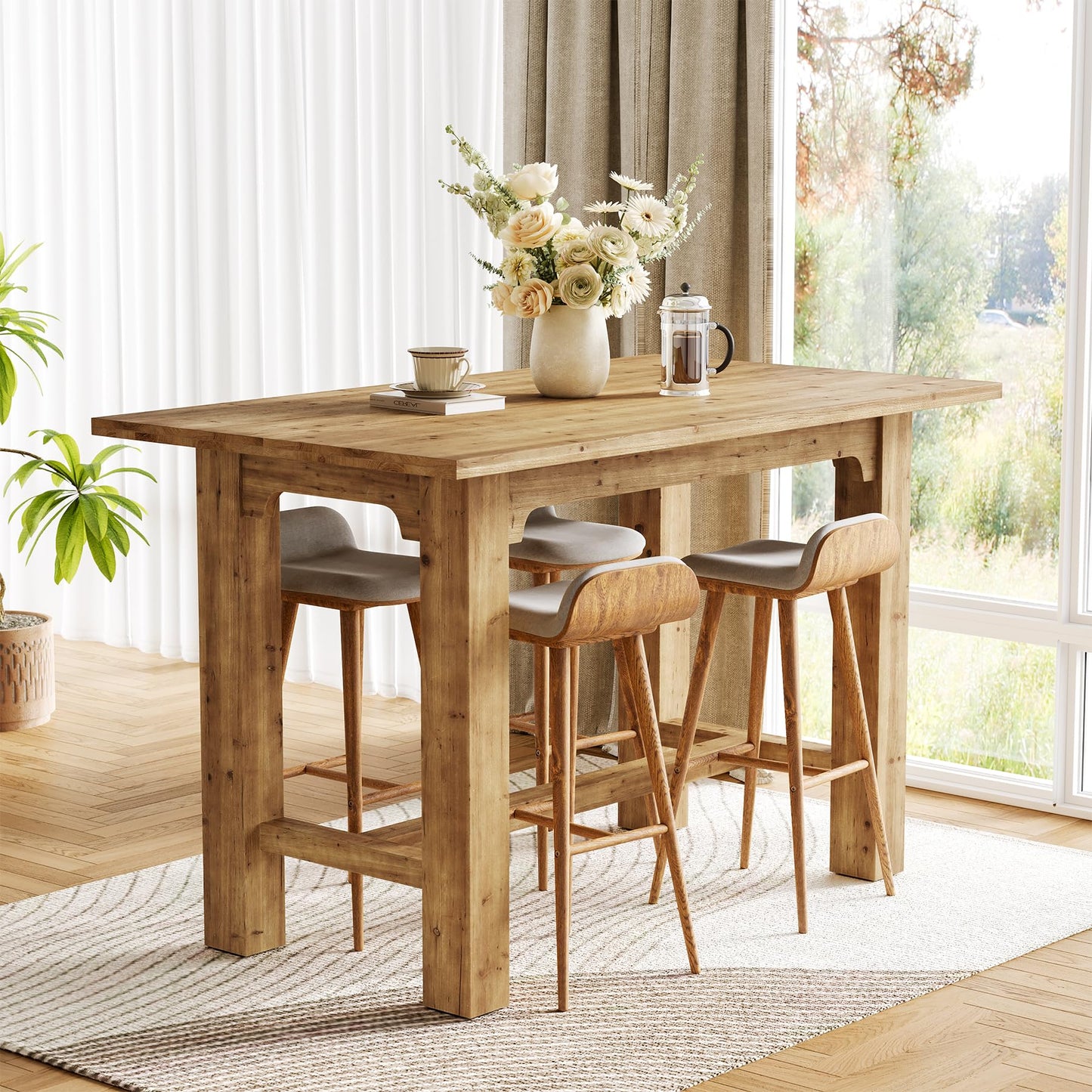 TRIBEWOOD 63-Inch Counter Height Dining Table, Solid Wood bar Height Kitchen Table for Dining Room, Rectangular Home Bar Furniture with Natural Grain, Brown