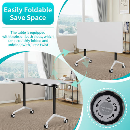 ZanyCajole Conference Room Table, Folding Conference Table with Silent Wheels, Modular Flip Top Mobile Training Tables for Office, Training Room, Meeting Rooms, School, 2-16 Person (4, White, 55.1in)
