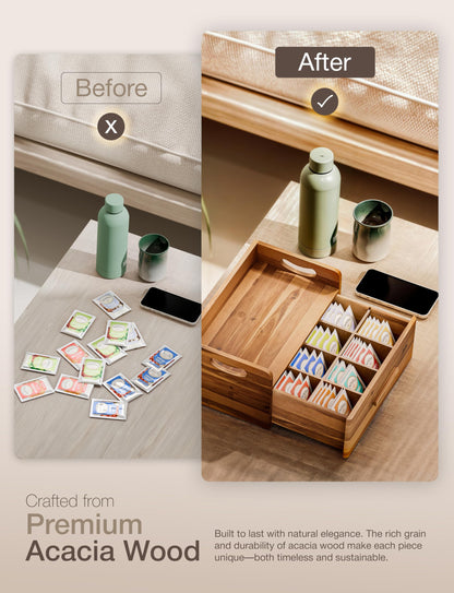Tinamo Acacia Wooden Tea Box Organizer with Drawer – Tea Chest for Tea Bags Storage – Tea and Coffee Organizer - Wooden Tea Tray and Containers for Countertop Display (Acacia)