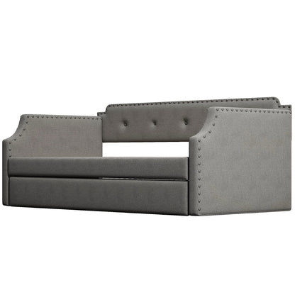 Twin Size Daybed with Trundle, Upholstered daybed with Button Tufted and Nailtrim on Arms, Sofa Bed Frame with Wood Slat Support, No Box Spring, for Living Room, Bedroom, Guest Room, Gray.