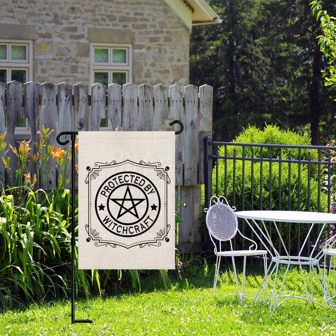 Witchy Pentagram Garden Flag, Protected By Witchcraft Spooky Vibes Wiccan Gift