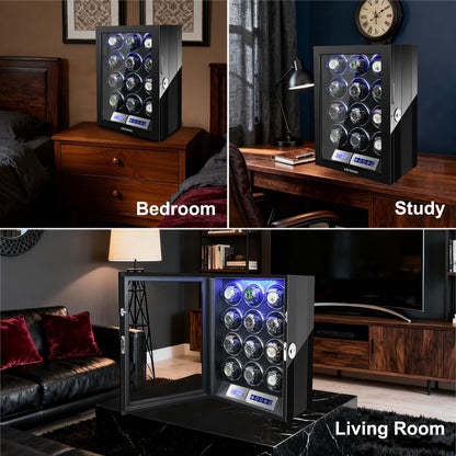 LELTNSOU Watch Winder for 12 Winding Spaces Automatic Watches with Fingerprint Unlock, Ultra-Quiet Japanese Motors, Built-in LED Illumination and LCD Touchscreen Control