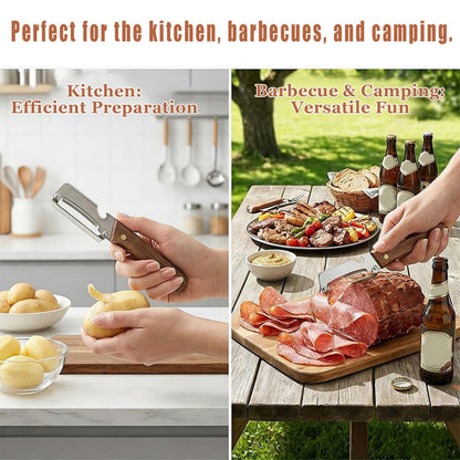 2 Pack 2 in 1 Multifunctional Vegetable Peeler, Sharp Stainless Steel Blade, Wooden Handle & Bottle Opener, Non-Slip Ergonomic Tool for Potato, Apple, Carrot, Pumpkin, Pineapple, Papaya, Zucchini