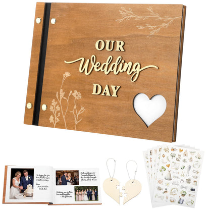 Resurhang Rustic Wooden Wedding Guest Book Memory Book for Wedding Wooden Cover Photo Scrapbook Rustic Keepsake Guestbook with Stickers for Reception Anniversary Bridal Shower Engagement Supplies