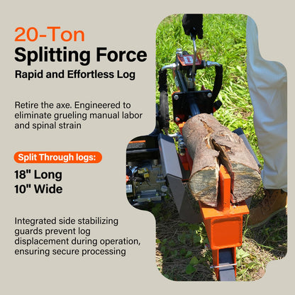 WOODKINGO Log Splitter, 20 Ton, Gas Powered 7 HP 212CC Engine, Automatic Wood Splitting Wedge Machine,Commercial Quality for Fireplace Burning Firewood Supply Forestry Harvesting,Orange