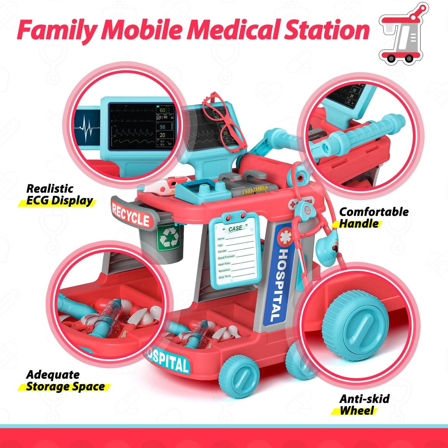 Liberry Doctor Kit for Toddlers Ages 2 3 4 5, Pretend Kids Doctor Playset with Cart, Costume and Stethoscope, Role Play Medical Toys Birthday Gift for Girls Boys (Red)
