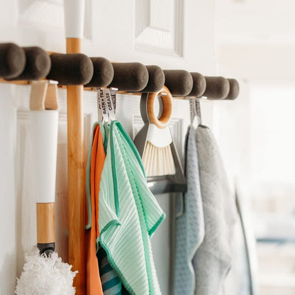 Full Circle Get A Grip, Wall-Mounted Mop and Broom Organizer, Lightweight Bamboo with Foam Pegs, Easy to Install Home Organization, Also Perfect for Garden Tools and Garage, Large