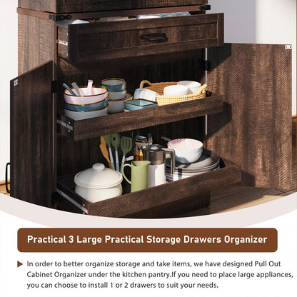 71" Tall Kitchen Pantry Cabinet with 3 Drawers,Farmhouse Storage Cabinet with 6 Barn Door Shelves,with Load-Bearing Steel Pipe and Adjustable Shelves,Pantry Organizer for Kitchen,Living Room(Brown)