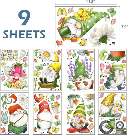 Mfault 9 Sheets Spring Gnomes Flowers Window Clings, Floral Glass Stickers Decals for Home Kitchen Decor